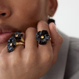 Black Pansy and Faceted Crystal Cocktail Ring