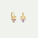 Gold Sleeper Earrings with Pansies and Pink Stones