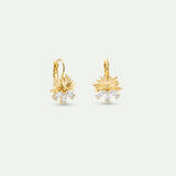 Gold Sleeper Earrings with Daisies and White Stones