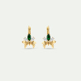 Gold Sleeper Earrings with Orchids, White and Green Stones