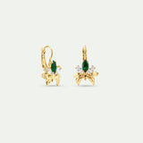 Gold Sleeper Earrings with Orchids, White and Green Stones