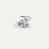 Silver Adjustable Ring with Pansy and Pink Stones