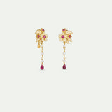 Gold Anemone Dangle Clip-On Earrings with Pink Crystals and Cultured Pearls