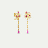 Gold Anemone Dangle Post Earrings with Pink Crystals and Cultured Pearls