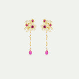Gold Anemone Dangle Post Earrings with Pink Crystals and Cultured Pearls