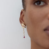 Gold Anemone Dangle Post Earrings with Pink Crystals and Cultured Pearls