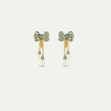 Gold and Blue Ribbon, and Cultured Pearl Dangle Clip-On Earrings