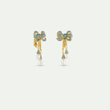 Gold and Blue Ribbon, and Cultured Pearl Dangle Clip-On Earrings