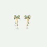 Gold and Blue Ribbon, and Cultured Pearl Dangle Post Earrings