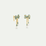 Gold and Blue Ribbon, and Cultured Pearl Dangle Post Earrings