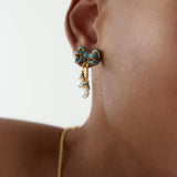 Gold and Blue Ribbon, and Cultured Pearl Dangle Post Earrings