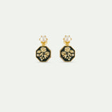 Black and Gold Peony Medallion Clip-On Earrings with Cultured Pearls