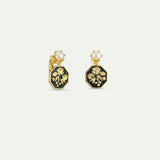 Black and Gold Peony Medallion Clip-On Earrings with Cultured Pearls