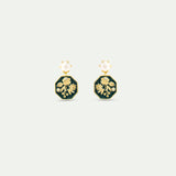 Black and Gold Peony Medallion Post Earrings with Cultured Pearls
