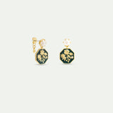 Black and Gold Peony Medallion Post Earrings with Cultured Pearls