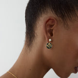 Black and Gold Peony Medallion Post Earrings with Cultured Pearls