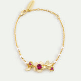 Gold Anemone Bracelet with Pink Crystals and Cultured Pearls