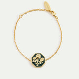 Black and Gold Peony Medallion Bracelet with Cultured Pearls