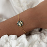Black and Gold Peony Medallion Bracelet with Cultured Pearls