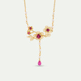 Gold Anemone Statement Necklace with Pink Stones and Cultured Pearls