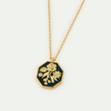 Black and Gold Peony Medallion Pendant Necklace with Cultured Pearls