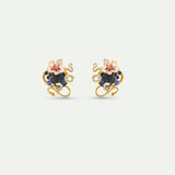 Clip-On Earrings with Blue Faceted Stone, Gold Snake and Mallow Flowers