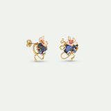 Post Earrings with Blue Faceted Stone, Gold Snake and Mallow Flowers