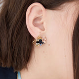 Post Earrings with Blue Faceted Stone, Gold Snake and Mallow Flowers