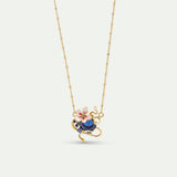 Necklace with Blue Faceted Stone, Gold Snake and Mallow Flowers