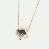 Necklace with Blue Faceted Stone, Gold Snake and Mallow Flowers