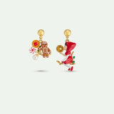 Asymmetrical Clip-On Earrings with Gingerbread Man, Sweets, Little Red Riding Hood and Faceted Glass