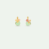 Asymmetrical Green Round Stone, Dragonfly, Pink Hellebore and Violet Sleeper Earrings