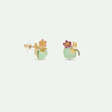 Asymmetrical Green Round Stone, Dragonfly, Pink Hellebore and Violet Post Earrings