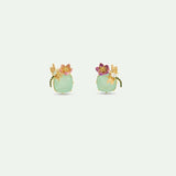 Asymmetrical Green Round Stone, Dragonfly, Pink Hellebore and Violet Post Earrings