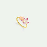 Adjustable Ring with Pink and Purple Hellebore Flowers and Cubic Zirconia
