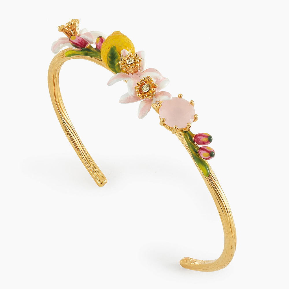 Lemon, Lemon Blossom and Pink Glass Stone Bangle Bracelet