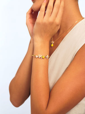 Lemon, Lemon Blossom and Pink Glass Stone Bangle Bracelet