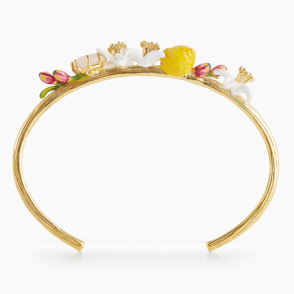 Lemon, Lemon Blossom and Pink Glass Stone Bangle Bracelet
