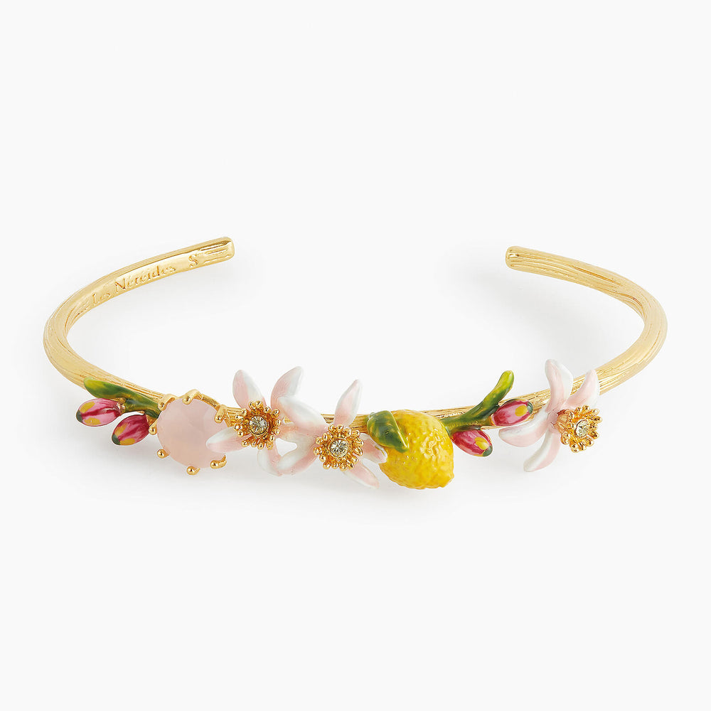 Lemon, Lemon Blossom and Pink Glass Stone Bangle Bracelet
