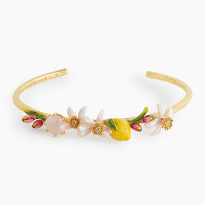 Lemon, Lemon Blossom and Pink Glass Stone Bangle Bracelet