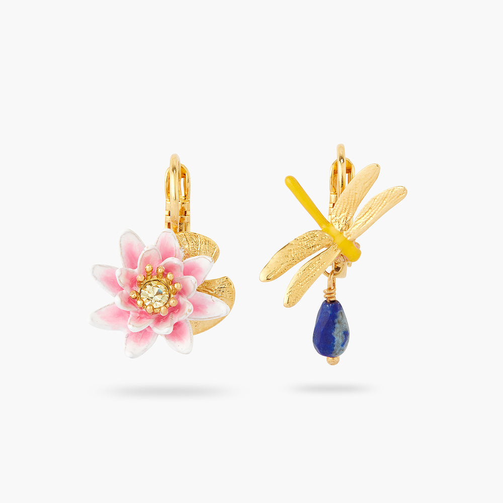 
            
                Load image into Gallery viewer, Dragonfly and Water Lily Asymmetrical Sleeper Earrings
            
        