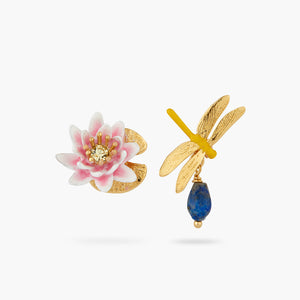 Dragonfly and Water Lily Asymmetrical Post Earrings