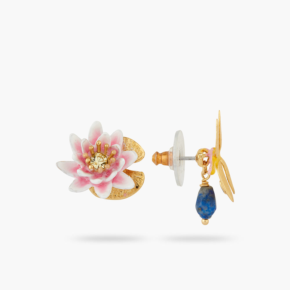 Dragonfly and Water Lily Asymmetrical Post Earrings