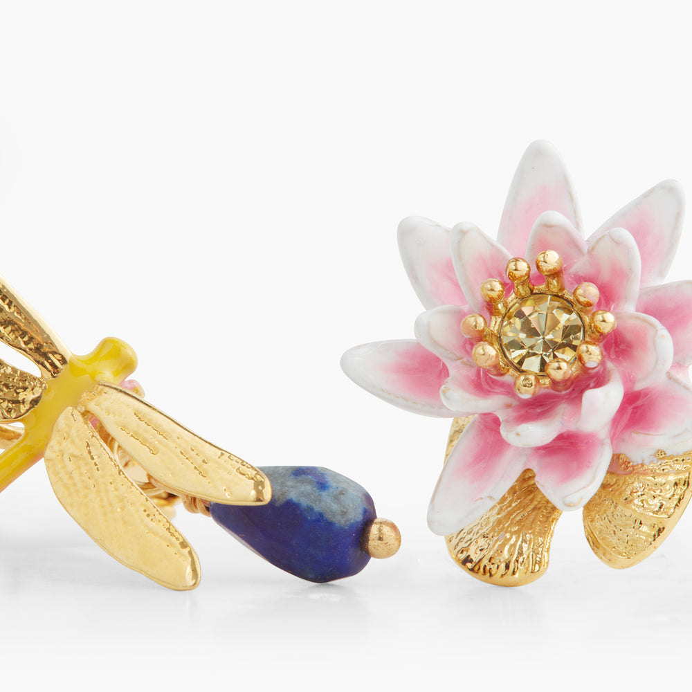 Dragonfly and Water Lily Asymmetrical Post Earrings