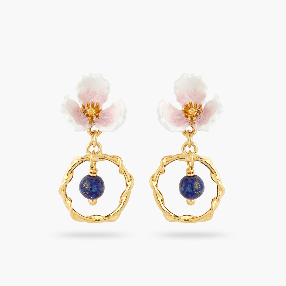 White Flower and Lapis Lazuli Hoop Earrings