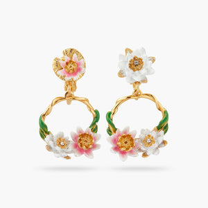 Pink and White-Water Lily Asymmetrical Clip-On Earrings