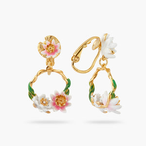 Pink and White-Water Lily Asymmetrical Clip-On Earrings