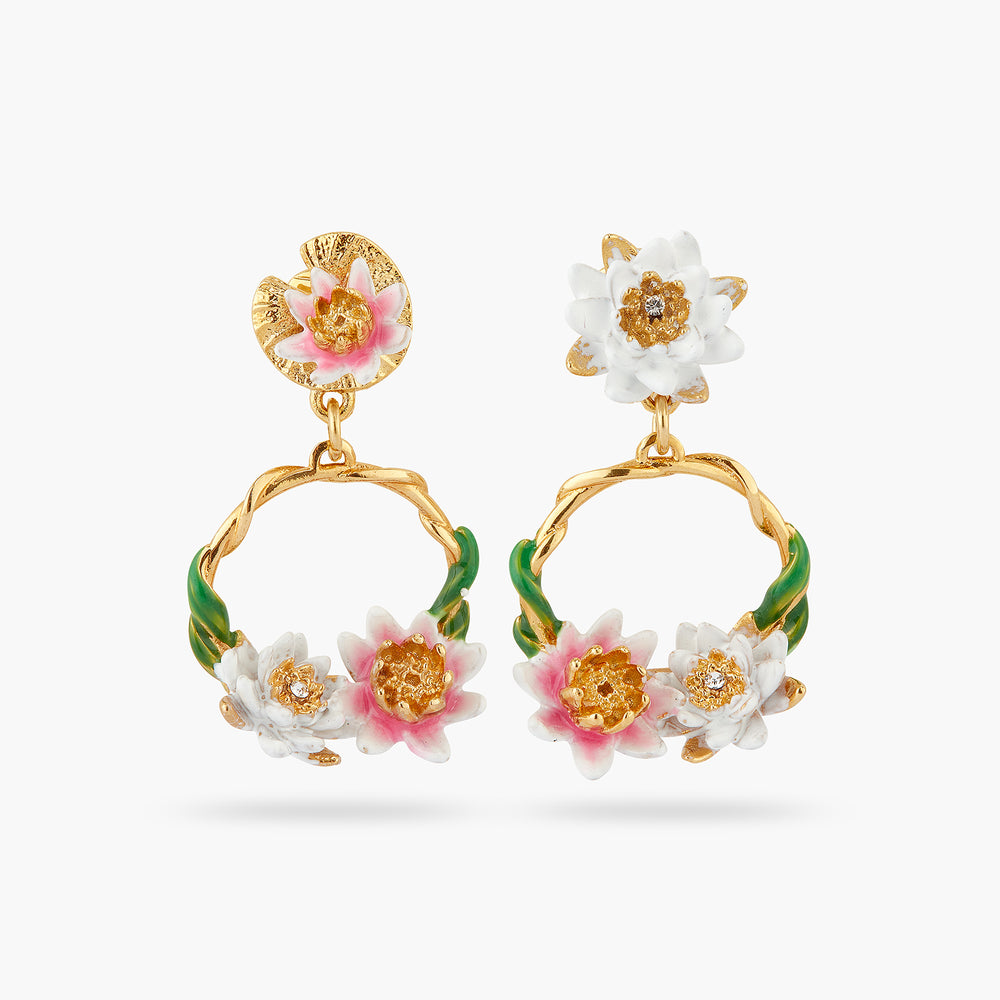 Pink and White-Water Lily Asymmetrical Post Earrings