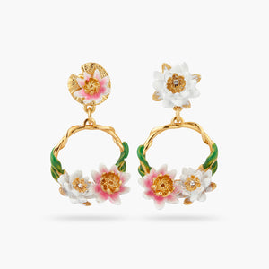 Pink and White-Water Lily Asymmetrical Post Earrings
