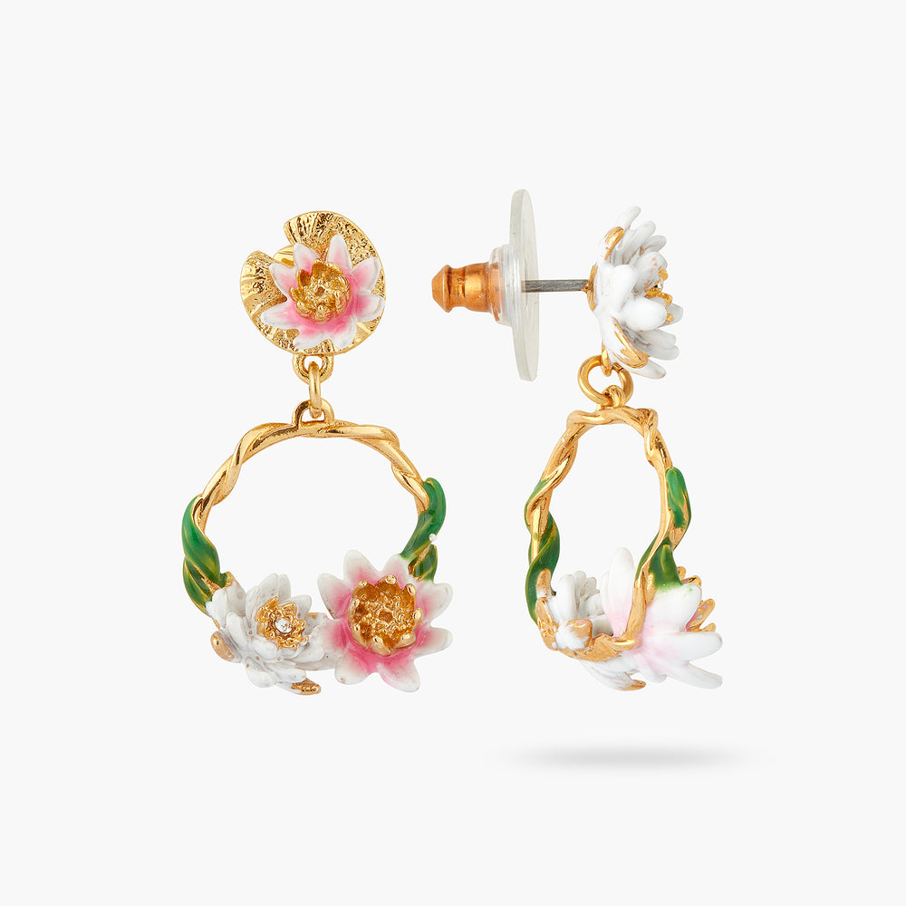 Pink and White-Water Lily Asymmetrical Post Earrings